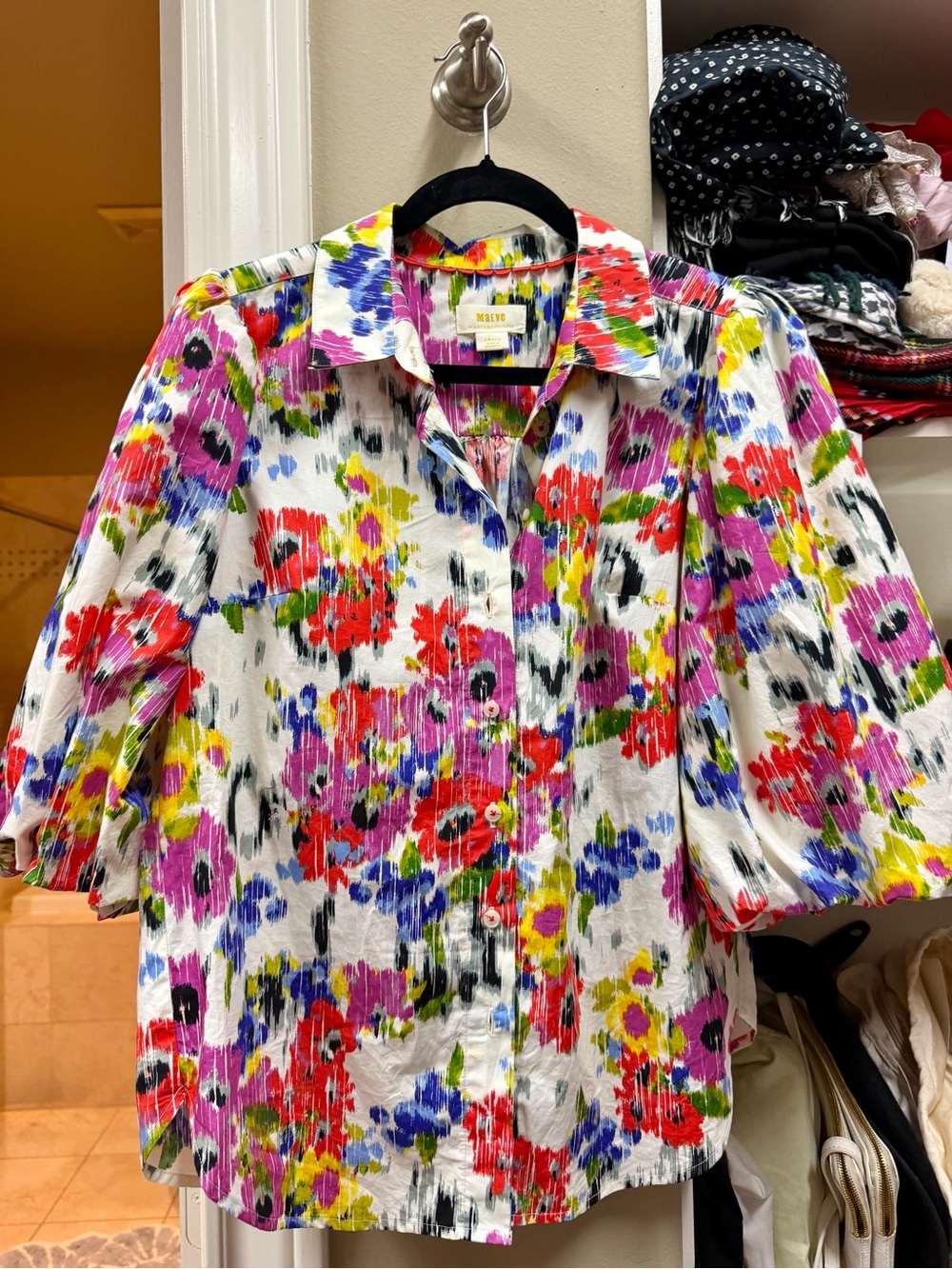 Maeve Anthropologie Multicolor Floral Button-Front Top